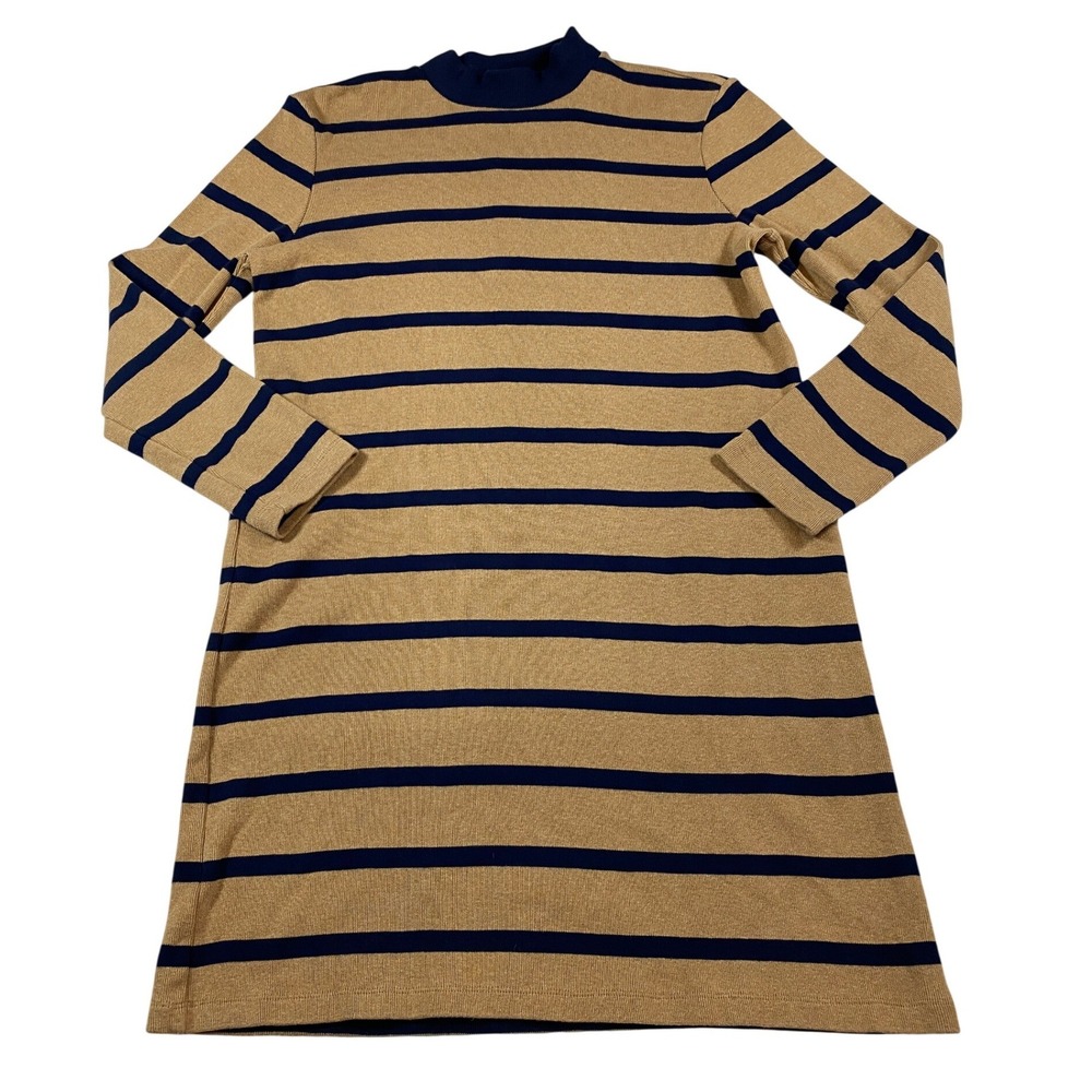 Ann Taylor Weekend Womens L Striped Mock Neck Long Sleeve Sweater Dress Tan Navy